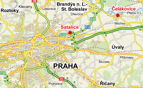 Mapa zobrazujúca sídlo spoločnosti GEMOS CZ s r.o., divíziu tepelnej techniky a divíziu riadiacich systémov - VPT